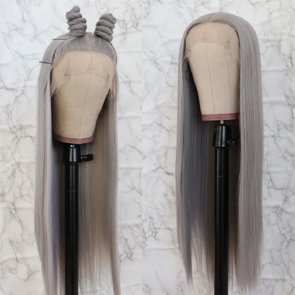 Серебристо-серый парик для женщин прямые парики из человеческих волос на сетке