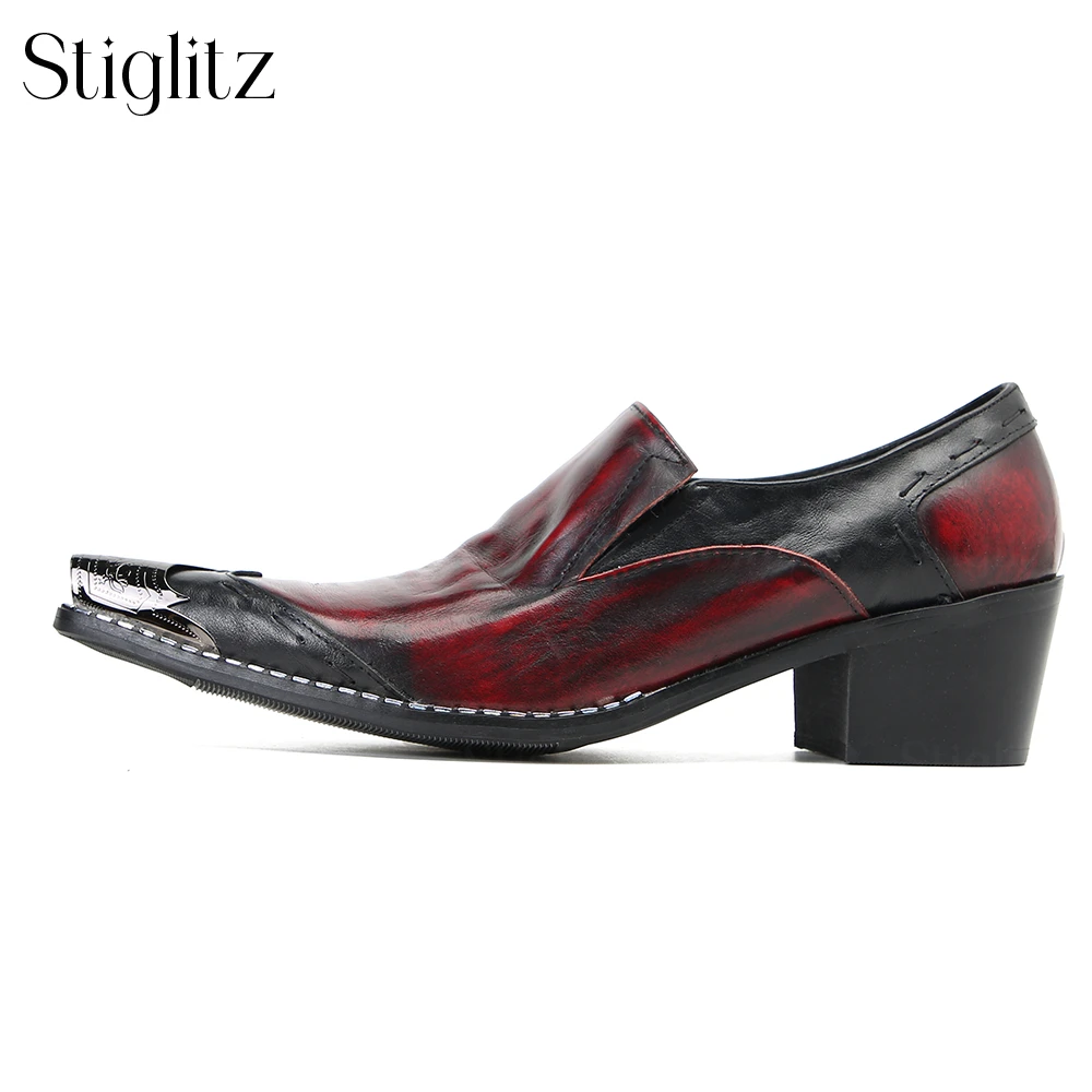 Бордовые черные кожаные туфли с металлическими носками. Новинка без шнуровки в