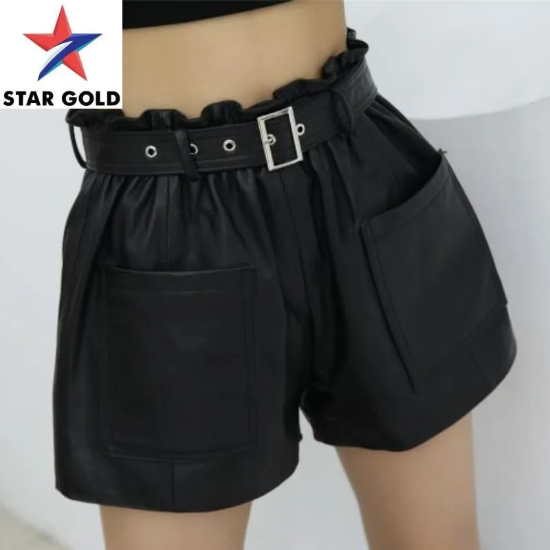 Leg Genuine Wide Leather Office Lady High Waist Sheepskin Black Casual Sashes Pockets Women Spring Autumn New Shorts