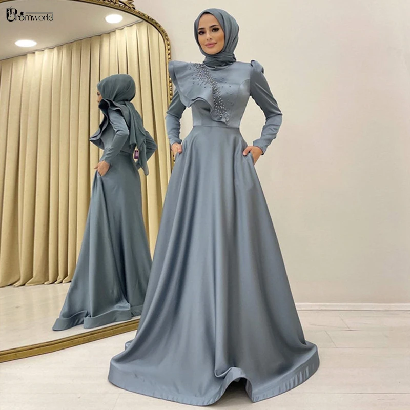 Robes De Soirée Long Sleeve Muslim Evening Dresses Satin Beaded A Line High Neck Arabic Dubai Formal Gowns for Women