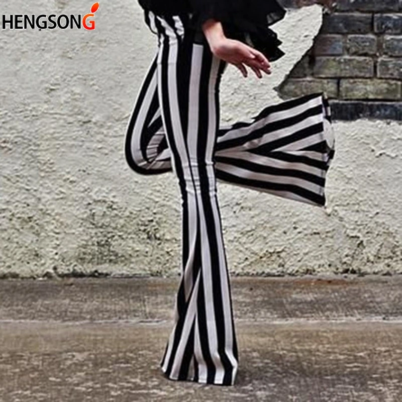 

Striped Wide Leg Pant For Women Elastic High Waist Long Trouser Autumn Female Fashion Flare Pants OL Clothes