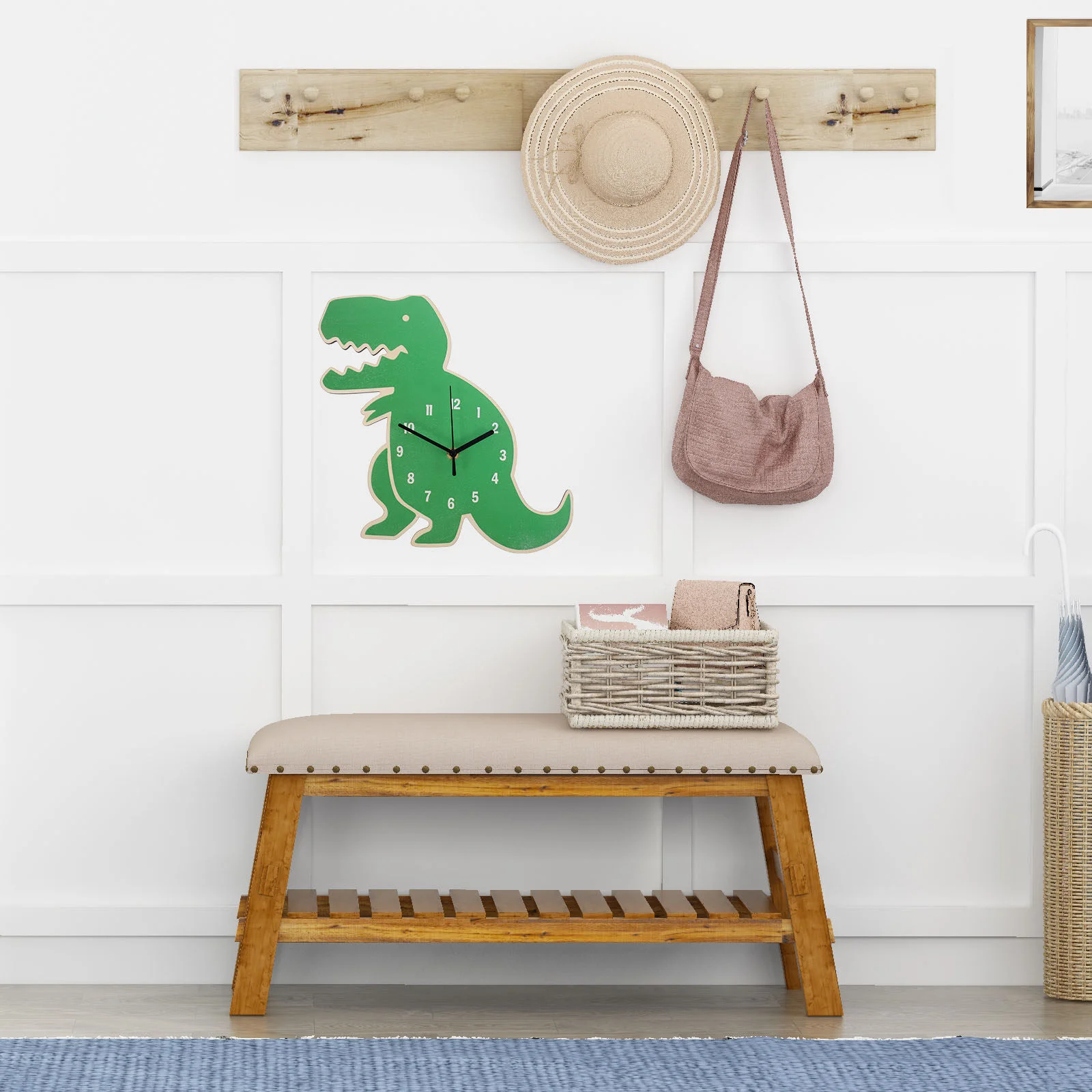 

Home Decoration Room Desk Clock Silent Dorm Alarm Nordic 30X28CM Cartoon Green Basswood Household Student
