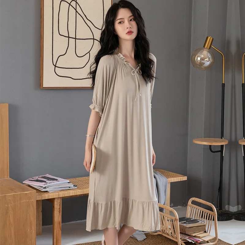 

Fdfklak Modal New Night Dress Women Lingerie Sexy Nightwear Long Nightgown Nightie Short Sleeve Summer Loose Home Dress