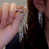 korean shiny rhinestone long tassel geometry drop earrings for women luxury cz hanging earring wedding party jewelry wholesale