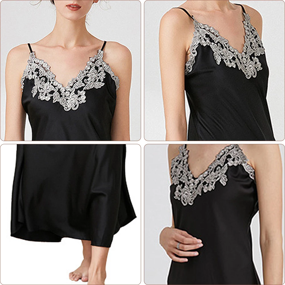 2023 Women's New Simple Fashion Sling Long Pajama Dress Lace Splice Dress Lace Sexy Deep V-Neck Sling Pajama Soft Silk Homewear