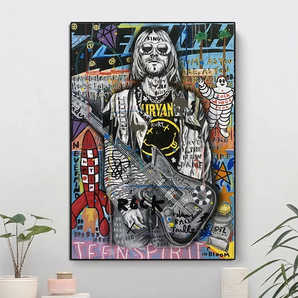 

Poster and Prints Graffiti Street Art Rock singer Kurt Cobain Canvas Painting Pop Art Wall Picture For Living Room Home Decor