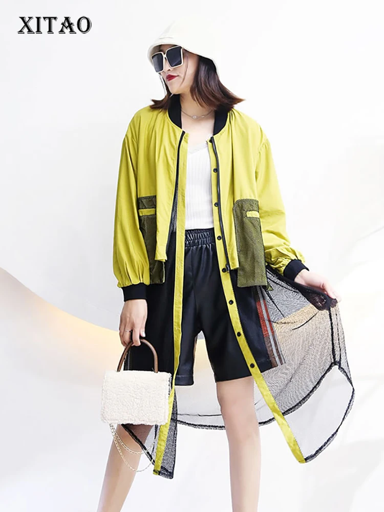 

XITAO Mesh Patchwork Women Trench Contrast Color Fashion Trendy Big Pocket 2021 Autumn New Casual Loose All-match Coat CLL1909