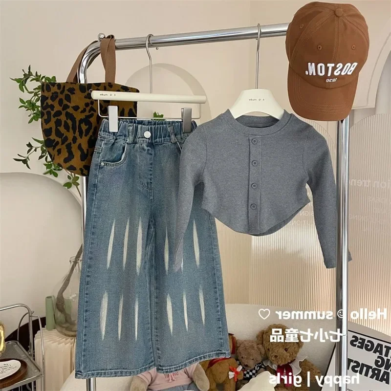 Комплект Детской Одежды Для Девочек — Топ Trikotazh С Длинными Рукавами И Джинсовыми