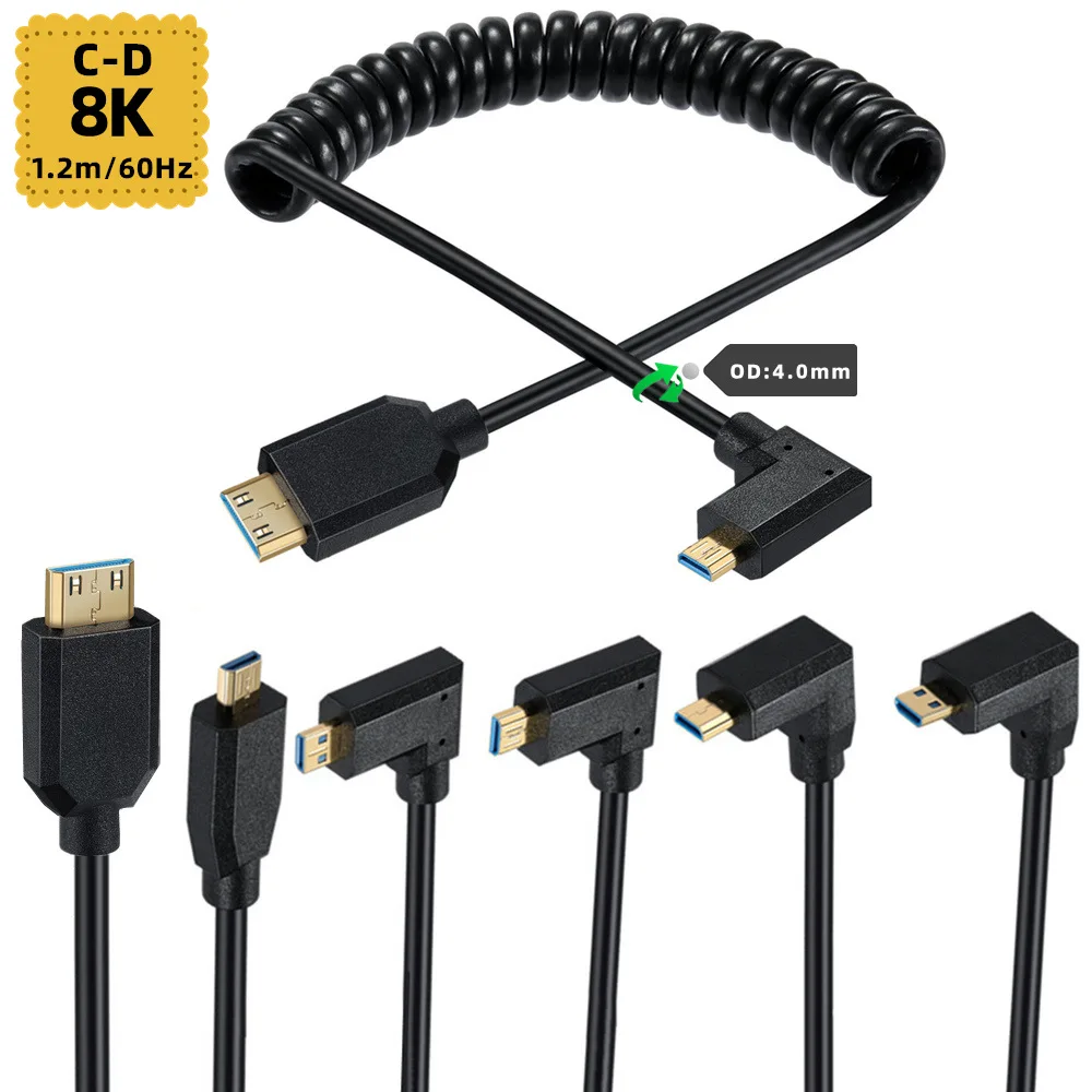 

2.1V 8K@60Hz 4K@120Hz Micro HDMI-compatible Male Type D to Type C Mini HD Male Connector Adapter coiled Cable Cord Black