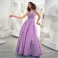 purple deep v neck a line evening party dress floor length sleeveless formal party gown open back draped long dress 2022 latest