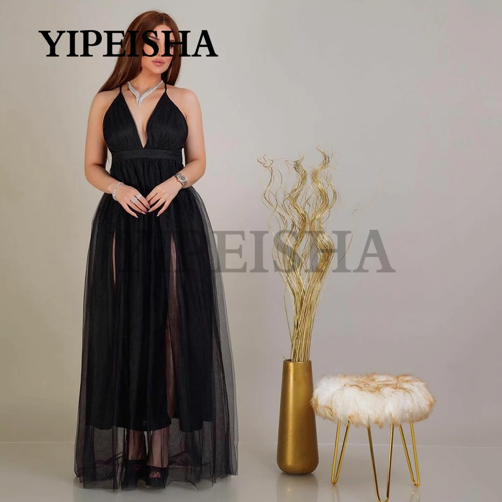 

Sexy Deep V-Neck Black A-Line Evening Dresses Backless Spaghetti Strap Sleeveless Tulle Prom Gown robes de soirée vestidos