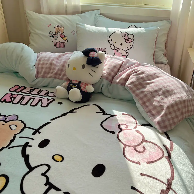 

Sanrio молочный бархат Cinnamoroll Kawaii аниме мультфильм набор из четырех частей зимние утолщенные фланелевые коралловые бархатные четырех частей антистатические