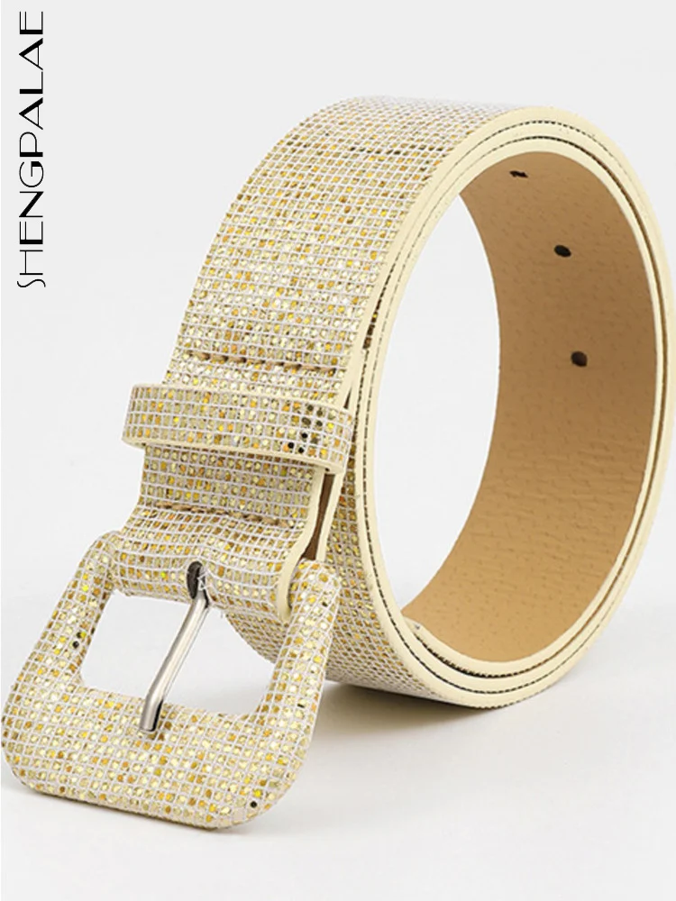 SHENGPALAE New Female Sexy Patchwork Sequins Hollow Out Clothing Accessories Pu Leather Women's Diamond Belt 2023 Spring 13DB244
