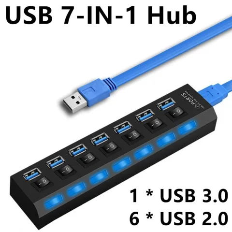 USB-концентратор 3.0 2.0 Адаптер-расширитель Высокоскоростной 7-портовый разветвитель нескольких USB-разветвителей с несколькими USB-удлинителями со светодиодной лампой для ПК, ноутбука