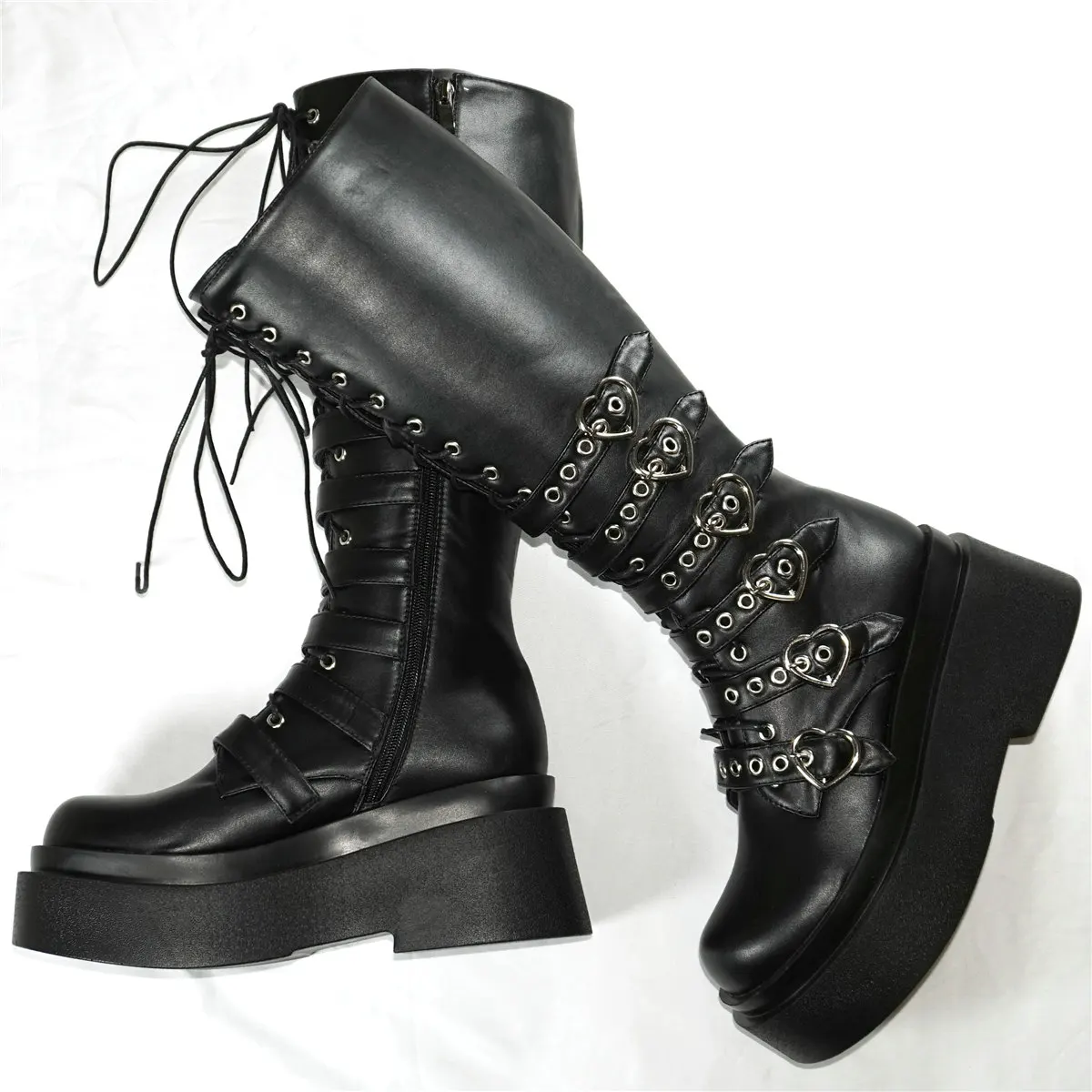 Black Chunky Platform Pumps Shoes Women Lace Up Wedges High Heel Knee High Boots Female Round Toe Fashion Sneakers Casual Shoes