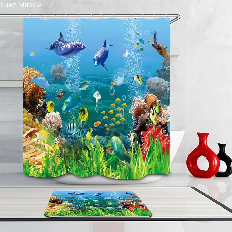 

Marine animal world Dolphin sea turtle tropical fish water grass Shower curtain