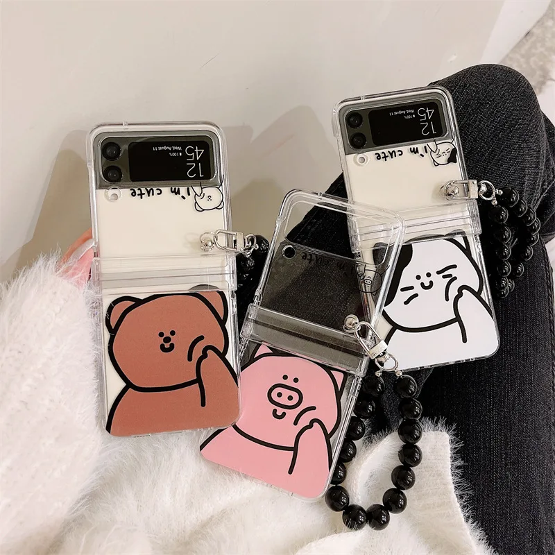 

Cartoon Bear Cat Pig Black Beads Phone Case for Samsung Galaxy Z Flip 3 5G Hard PC Back Cover for ZFlip3 Case Protective Shell