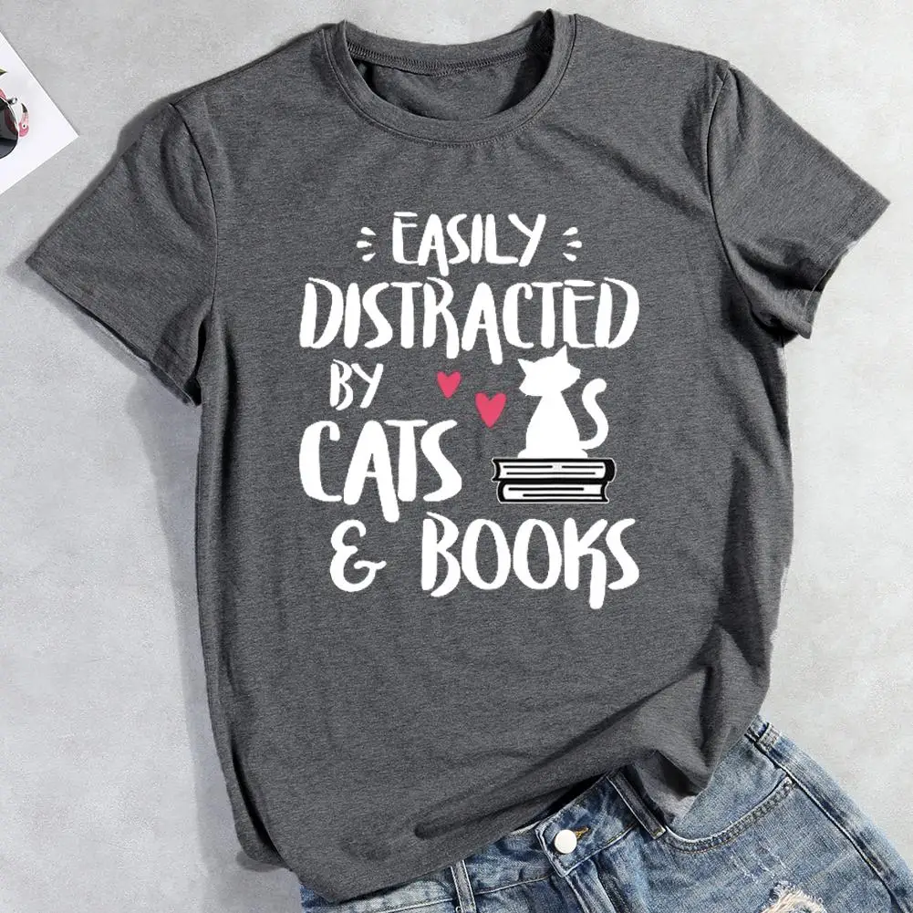 

Fashion Cats Books T-shirt Women Easily Distracted By Cats Books Letters Print T-shirt Cotton Daily Casual Tops S-XXXL