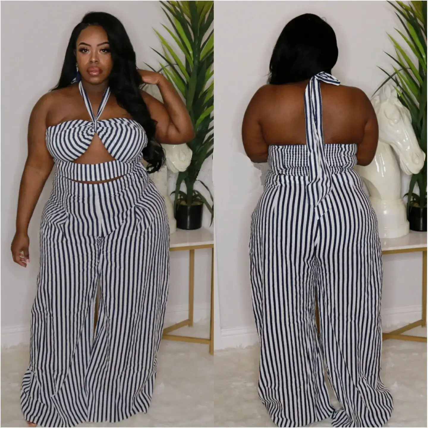 

YUHE Summer Plus Size XXL-5XL Sexy Streetwear Women's Suit Lace Up Knotted Crop Top Pants Matching Set Activewear Two Piece Set
