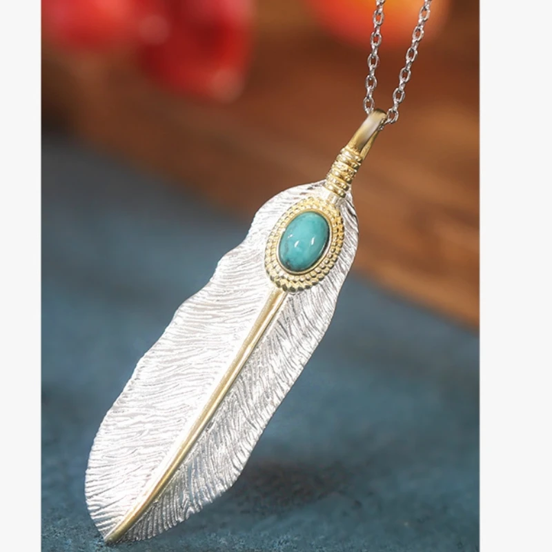 

925 Silver Atmospheric Feather Turquoise Color Separation Female Clavicle Chain Key Shaped Jewelry Pendant Valentine's Day Penda