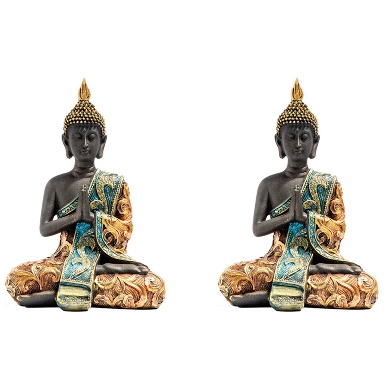 

2X Buddha Statue Thailand Sculpture Resin Handmade Buddhism Hindu Feng Shui Figurine Meditation Home Decor Ornament