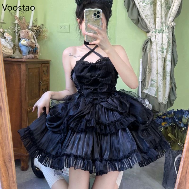 

Japanese Gothic Y2k Lolita Jsk Dress Women Elegant Sweet Bow Lace Ruffles Mini Cake Dresses Girls Kawaii Princess Evening Dress