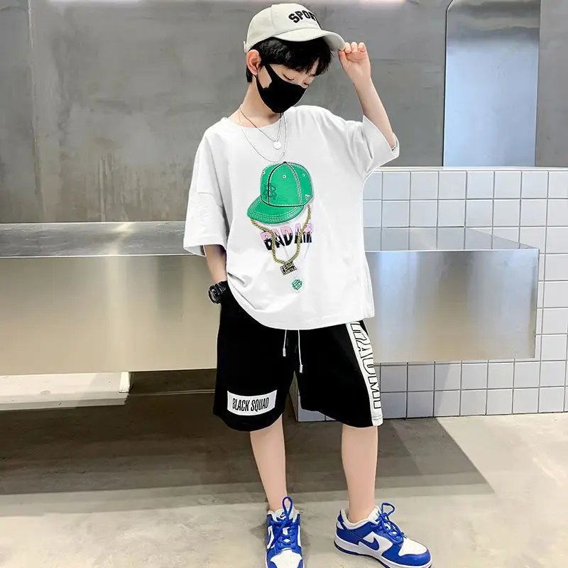 

Boys Clothes Summer New Fashion Sportswear Cap Print Top Pullover + Letter Print Shorts 2pcs Streetwear Outfits for Teens 5-12Y