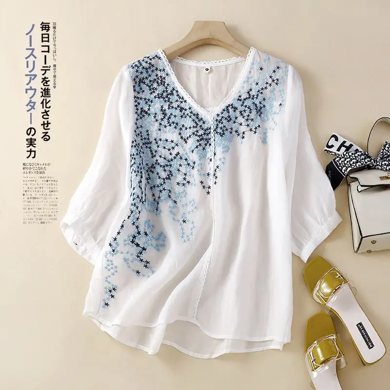 

Женская Свободная блузка из хлопка и льна, Тонкая блузка с коротким рукавом и вышивкой в винтажном стиле, лето 2023