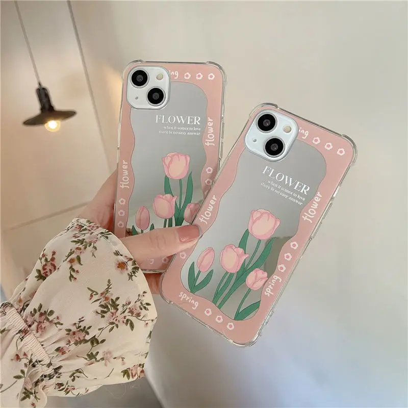 

Explosions pink tulip iPhone13 mirror XR iPhone11 phone case for 8plus Japan and South Korea 12pro mirror xs