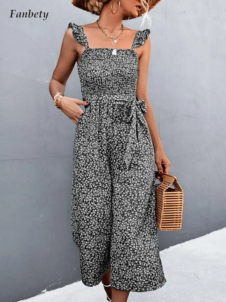 

Fashion Women Floral Printed Wide Legs Jumpsuits 2022 Summer Sexy Straps Off Shoulder High Waist Belt Jumpsuits Casual Rompers