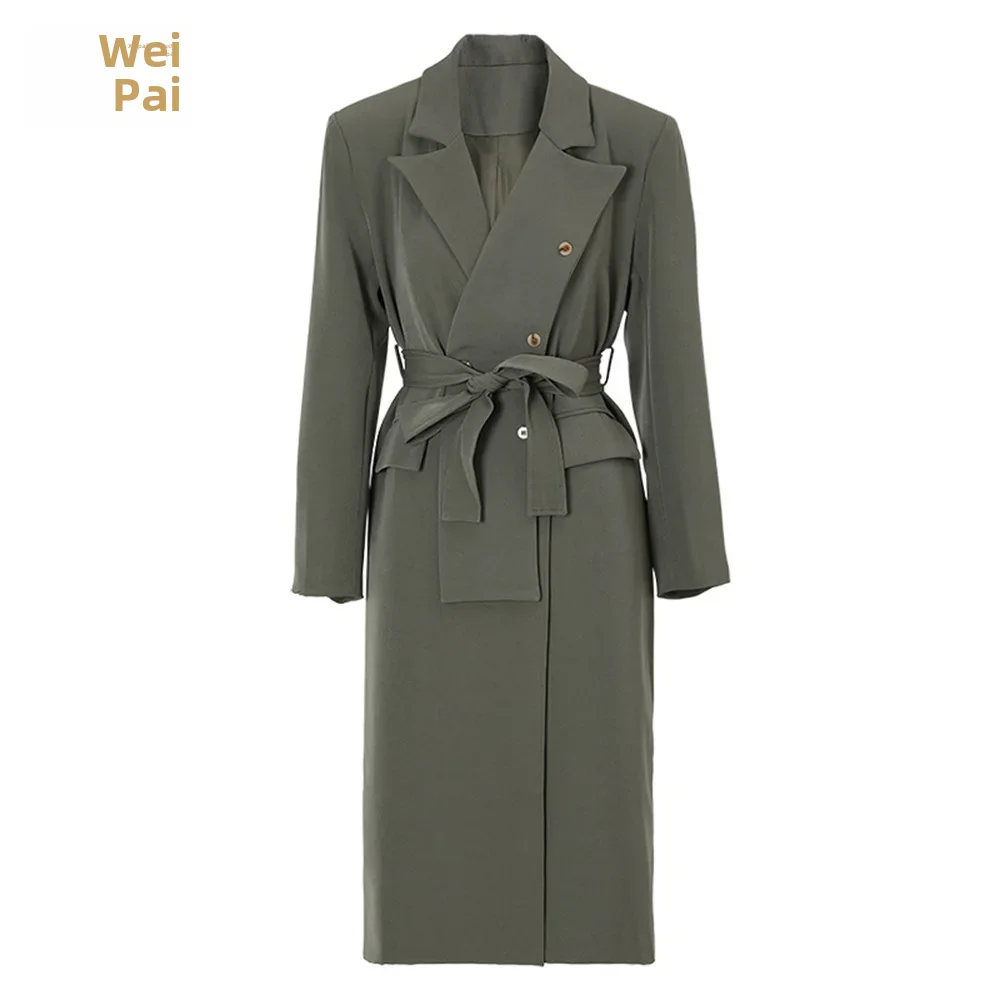 Осенний плащ с длинными рукавами женский серый зеленый дизайн сращенная