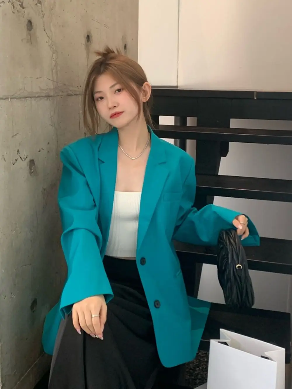 Lake blue Loose Blazers For Women Notched Collar Long Sleeve Single Breasted Spring Casual Fashion Suits Jacket Female Clothing