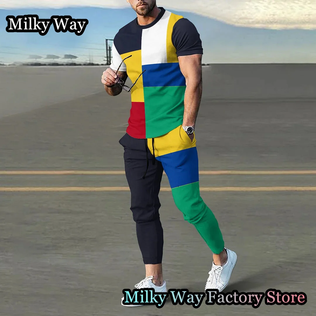 Summer Men Colorful Tracksuit 2 Pieces Color Block T-Shirt Trousers Set Casual Jogging Suit Fashion Outfit Male Streetwear