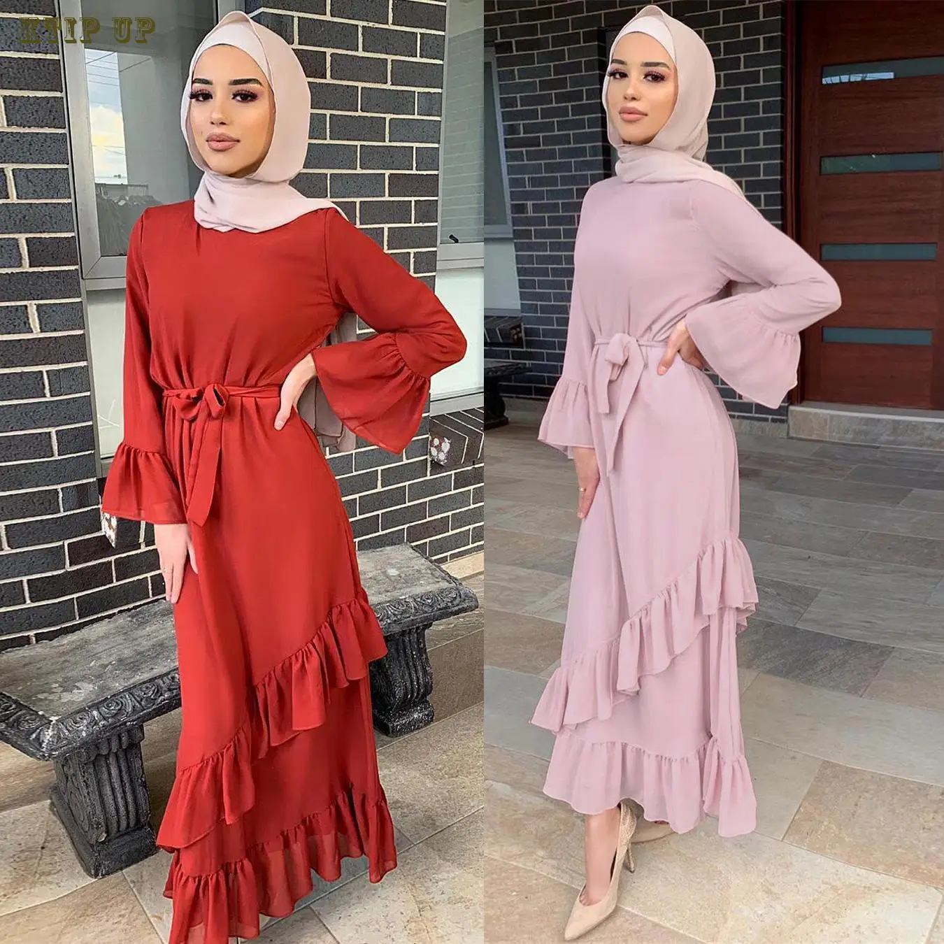 

Ramadan Eid Al-fitr Middle East Dubai Morocco Women's Gown Arab Turkiye Muslim Dress Ruffled Skirt Maxi Dresses Malaysia Abaya