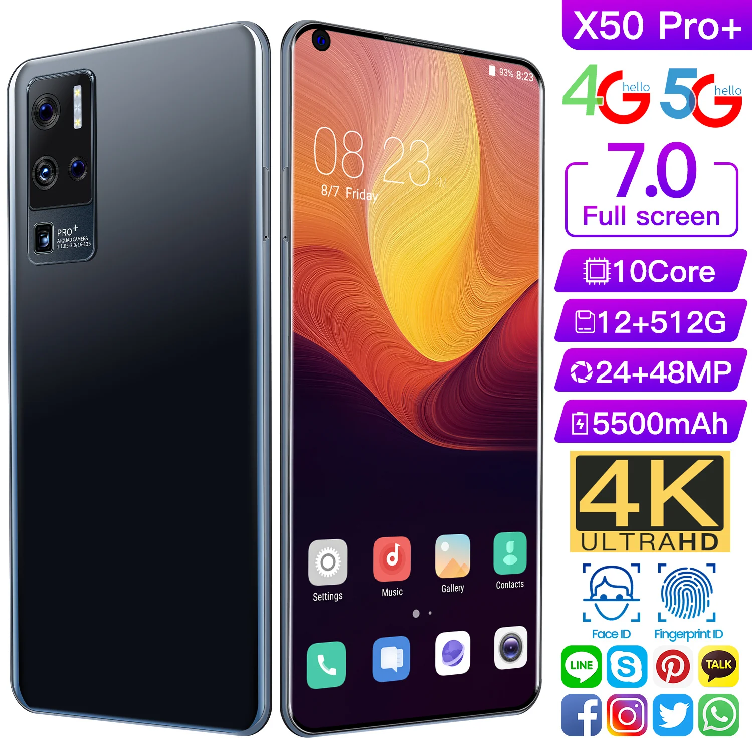 

New X50Pro+ 12+512GB 7.0Inch 5G Smartphone MT6875 Octa Core CPU 5500mAH Android Global Version Dual Card Unlocked Cellphone
