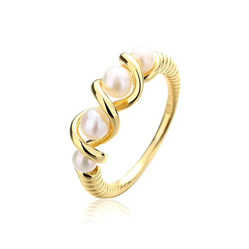 

RZ-15 ZFSILVER Silver S925 Fashion Trendy Retro Gold Winding Round Freshwater Pearl Rings For Women Girls Wedding Party Jewelry