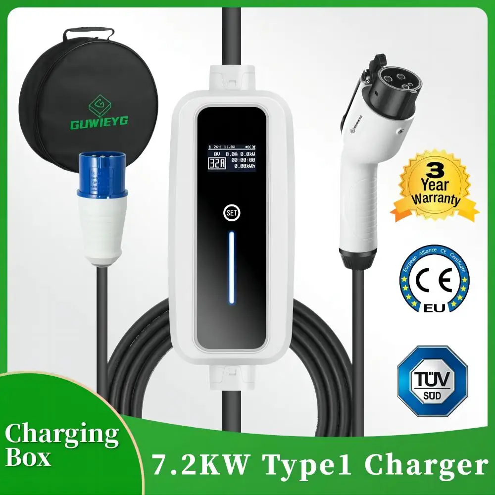 

Portable EV Car Charger Type 1 J1772 Level 2 32A 1 Phase 7.2KW EVSE Adjustable Current Electric Vehicle Charger for Home 5Meters