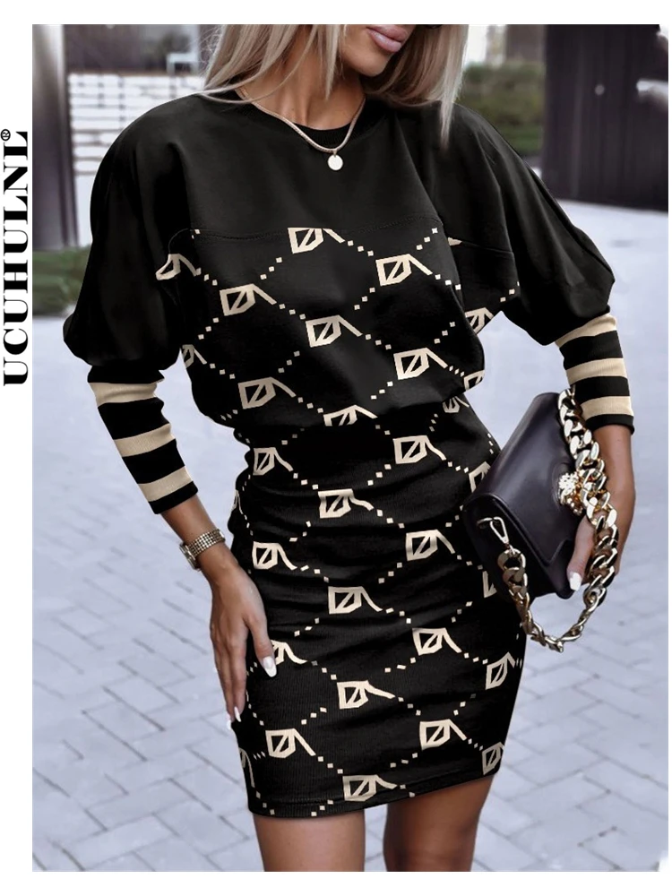 

Evening Mini Dresses for Women Autumn Geometry Print Long Sleeve High Waist Bodycon Dress Casual Vestidos Femininos Frete Grátis