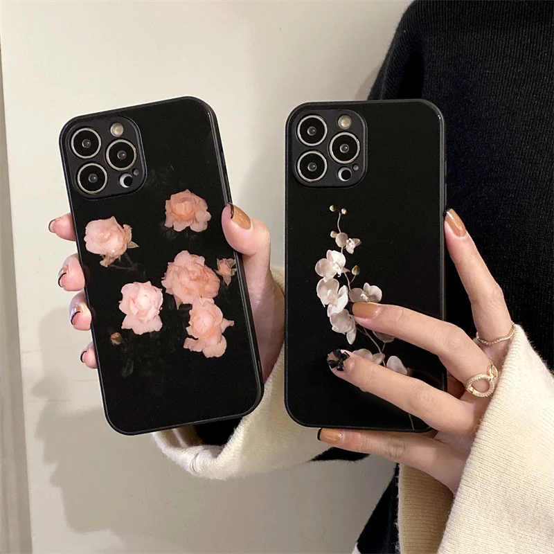 

For iPhone Tempered Glass Case Gardenia Rose For IPhone11 12 13 Promax XS XR XMAX 8plus Shockproof Camera Protector Phone Cover