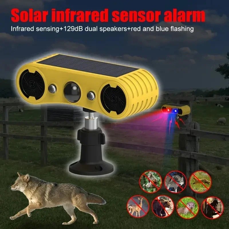 Solar Motion Sensor Siren Animal Repellent with 129db Built-in Light for Home Villa Yard Chicken Coop Farm Barn