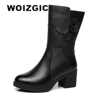 woizgic women ladies female mother genuine leather mid calf boots shoes winter plush fur warm floral zipper plus size 41 42
