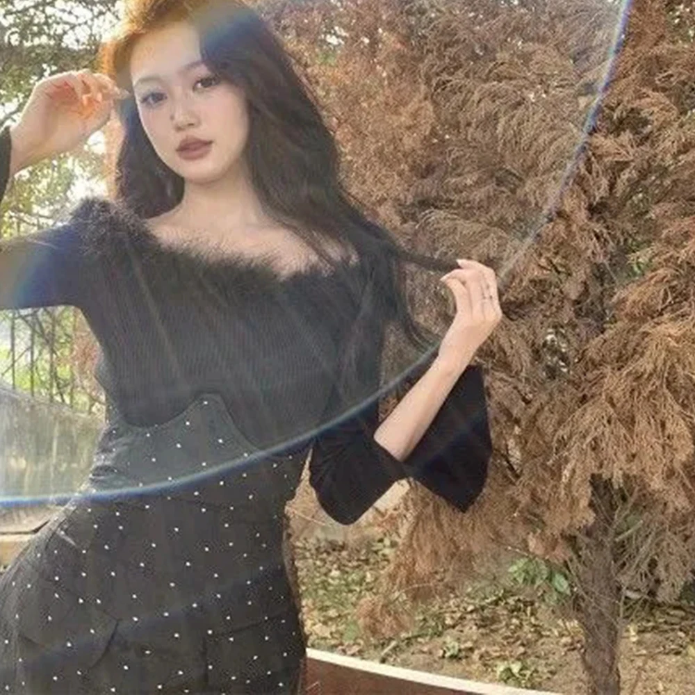 Женский сексуальный свитер с открытыми плечами пушистые меховые свитера вырезом