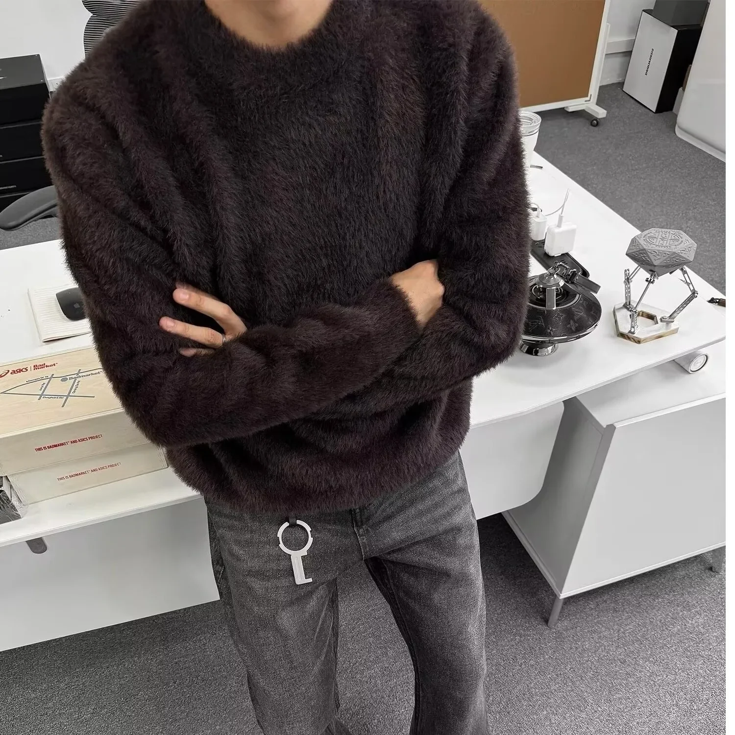 Осень/зима мужской новый стильный вязаный свитер с круглым вырезом