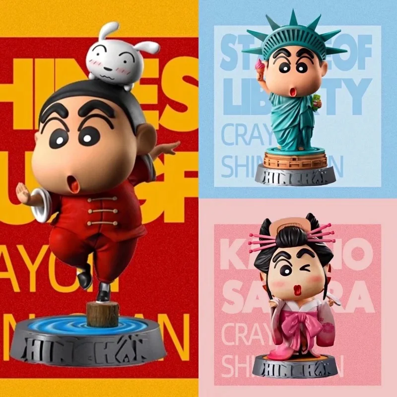 

10cm Q Version Cute Anime Figure Crayon Shin Chan World Travel Nohara Shinnosuke Chinese Kung Fu Figures Model Kids Toys Kawaii