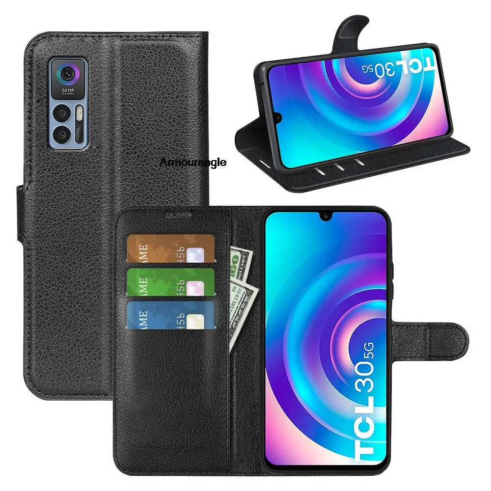 Guard On TCL30 Case for TCL 30 5G or 4G (6.7in) T776H T676J T676K Flip Cover Wallet Card Book Style Leather black 30+