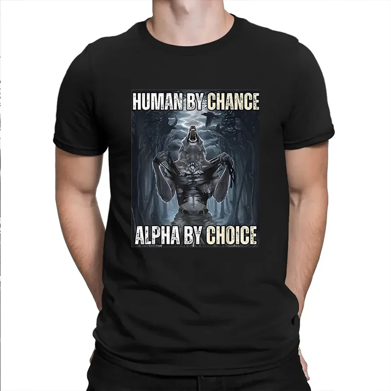 Фото Human by Chance Alpha by Choice Wolf Мужские и женские футболки с забавными мемами Повседневные винтажные футболки для пар большого размера с короткими рукавами №1