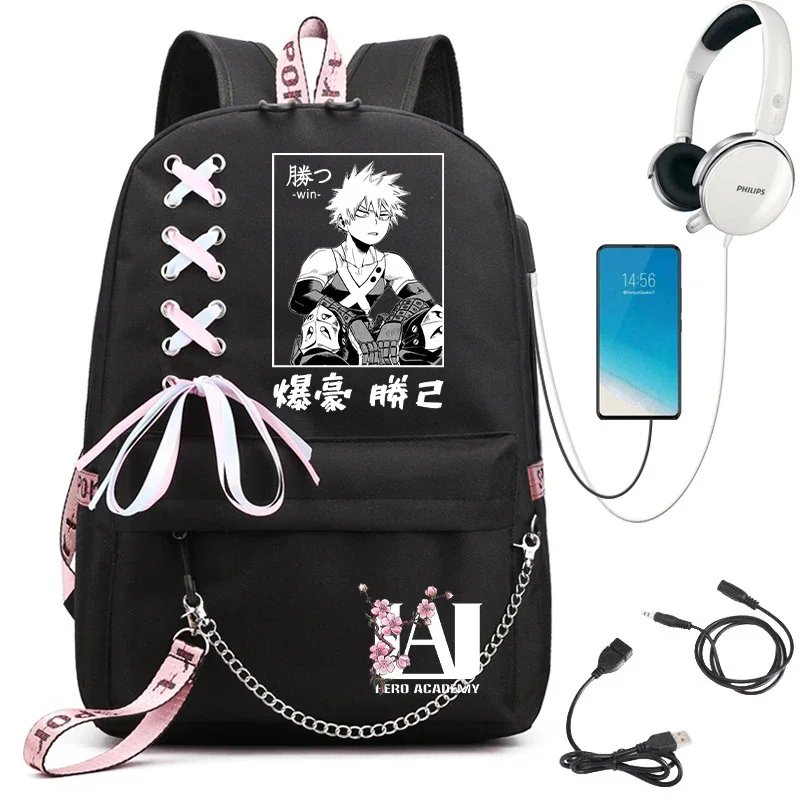 My Hero Academia аниме женский рюкзак Usb порт дорожный сумка Katsuki Bakugo трендовый для