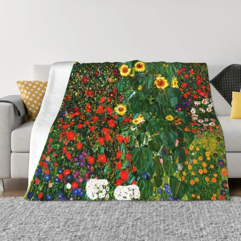 

Farm Garden With Sunflowers Blankets Warm Flannel Gustav Klimt Painting Art Throw Blanket for Bedding Couch Quilt