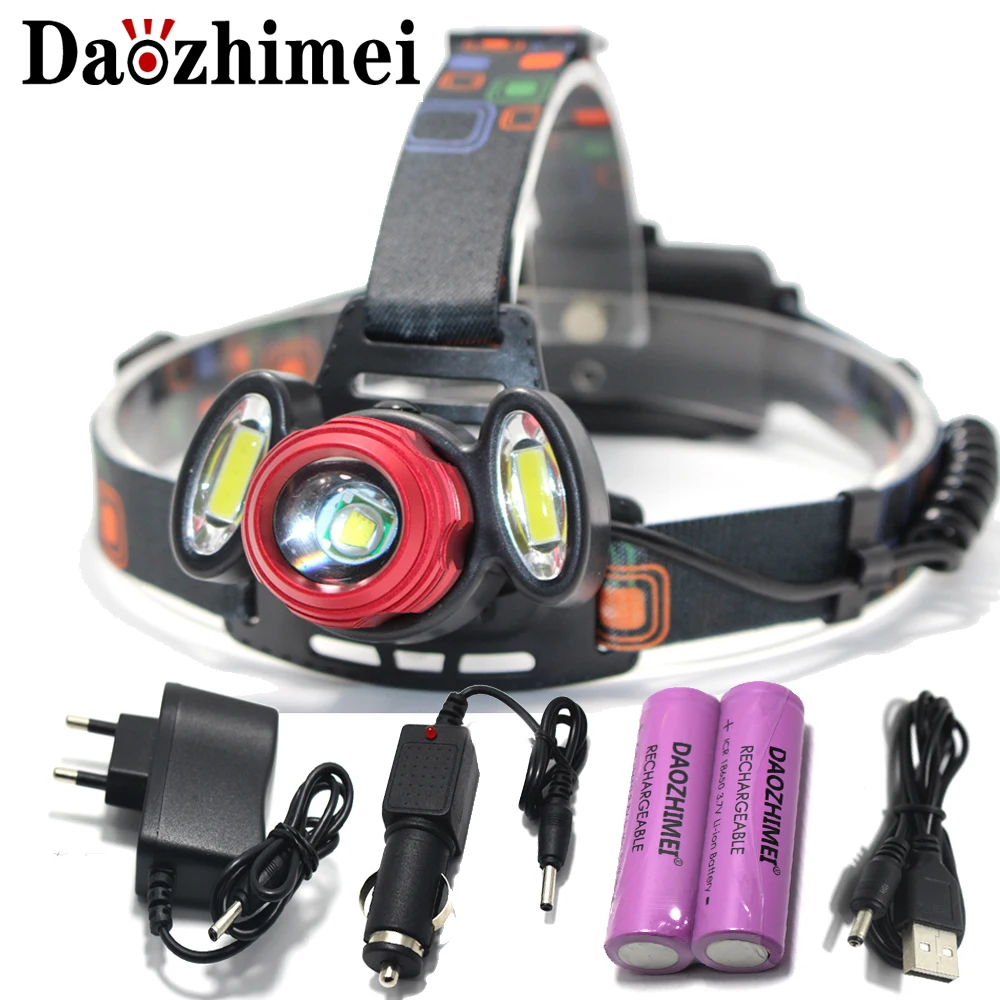 

8000 lumen LED Headlamp Headlight T6+2COB Rechargeable Zoom hunting Lamp Torch light +2x18650 Battery +AC Car USB Charger