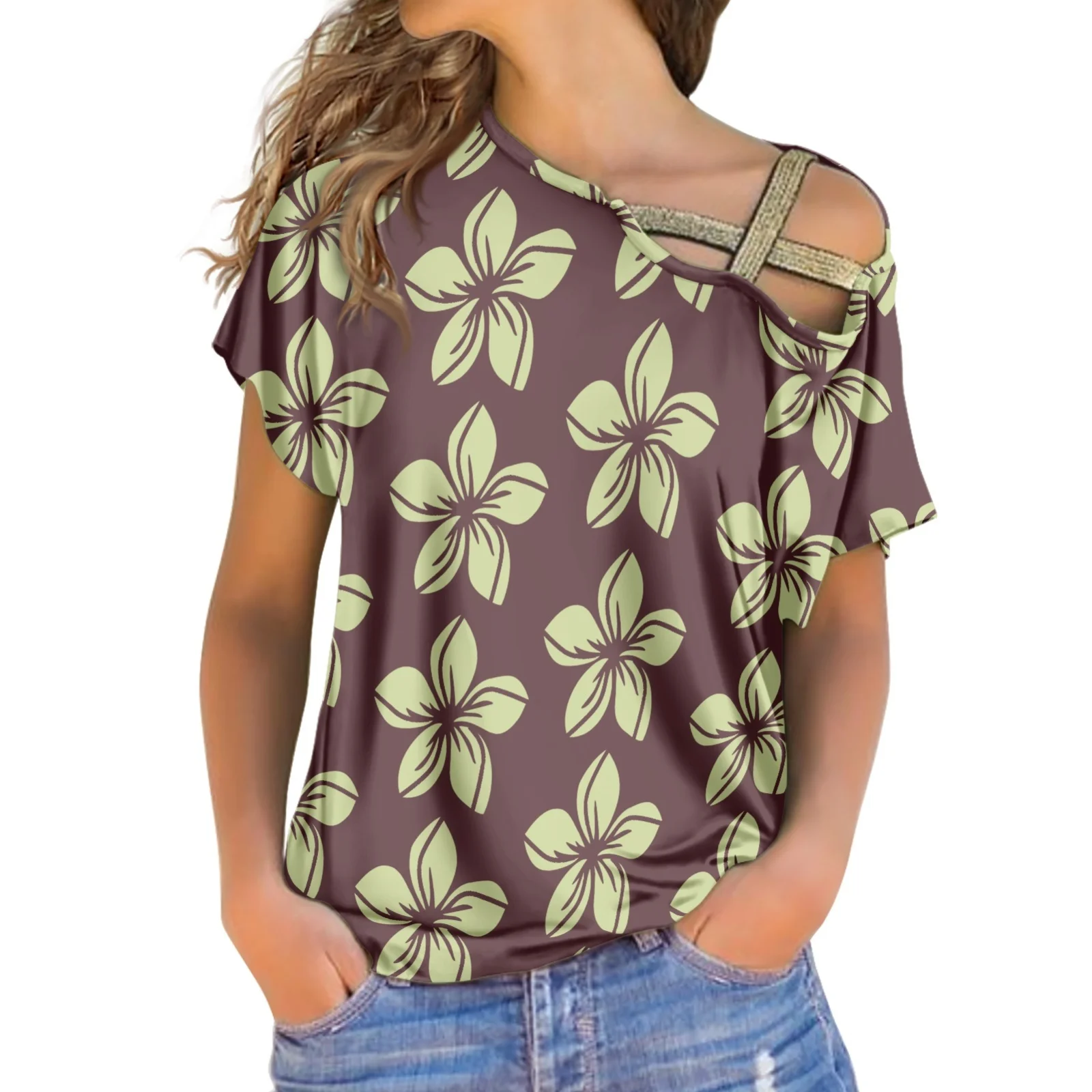 

Женский топ, летний женский свободный пуловер, блузки, футболка с принтом ФРАНЖИПАНИ, одежда с открытыми плечами и короткими рукавами